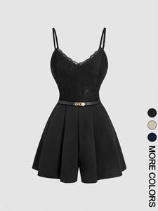 1 piece Women's Spring Summer Lace Spliced Cami Playsuit V Neck Sleeveless Jumpsuit with Belt, Chic Fashion for Casual Outings