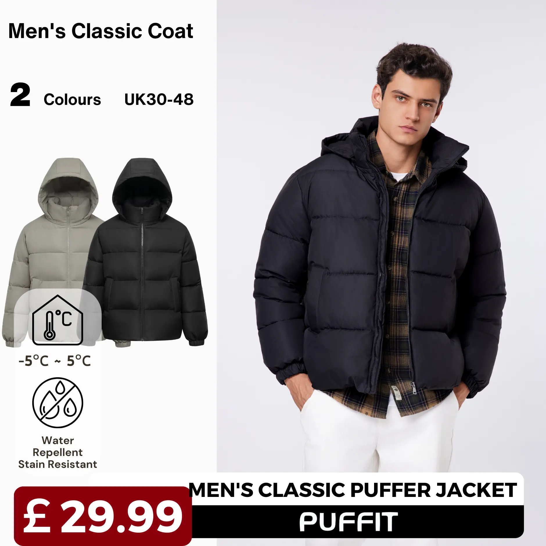 [Clearance] PUFFIT Men’s Premium Fitted Detachable Hooded Puffer Jacket , Men Winter Basic Warm Coat with Removable Hood Zip Deep Pockets