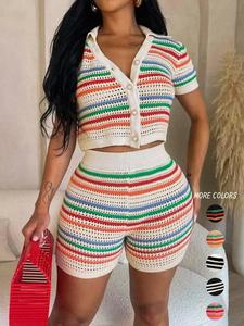 Women's Colorblock Striped Print Button Front Crop Cardigan & High Waist Shorts Sweater Co-ord Set, Casual Short Sleeve Collared Top & Skinny Shorts for Summer, Summer Clothes Women, Ladies Clothes for Daily Wear, Summer Outfits 2024