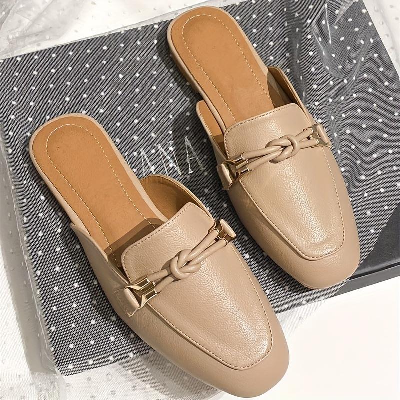 Elegant Beige Slip-On Mules for Women - Casual Square Toe Flat Sandals with Braided Detail, Breathable Faux Cover, Versatile All-Season Footwear 3