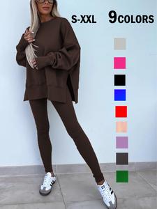 Women's Solid Long Sleeve Pullover & Leggings Sports Set, Casual Sporty Round Neck Sweatshirt & Skinny Pants Two-piece Set for Daily Outdoor Wear, Ladies Sportswear for Spring & Fall