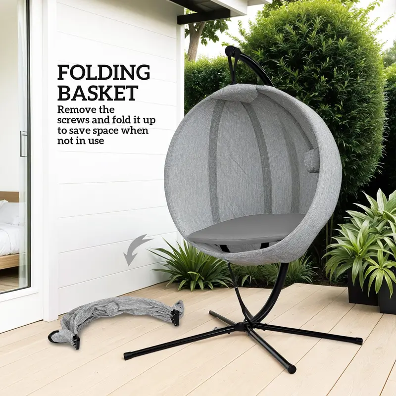 Grey Hanging Egg Chair with Stand Thick Cushion and Cup Holder for Garden or Balcony by Outsunny 5