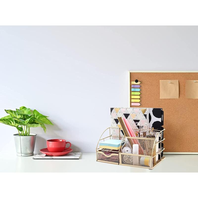 EXERZ Desk Organiser with 7 Compartments -Mesh Desk Tidy Caddy  - Golden 2