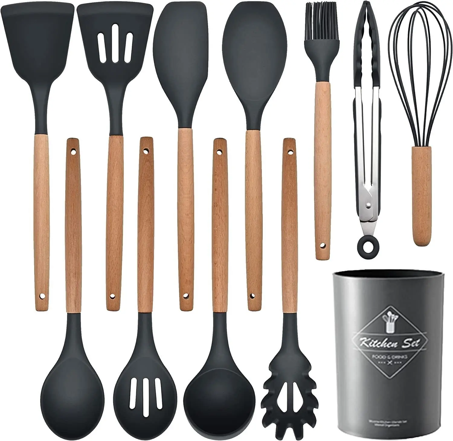 12Pcs Kitchen Silicone Non-stick Spatula Wooden Handle Cooking Utensil Set Tools