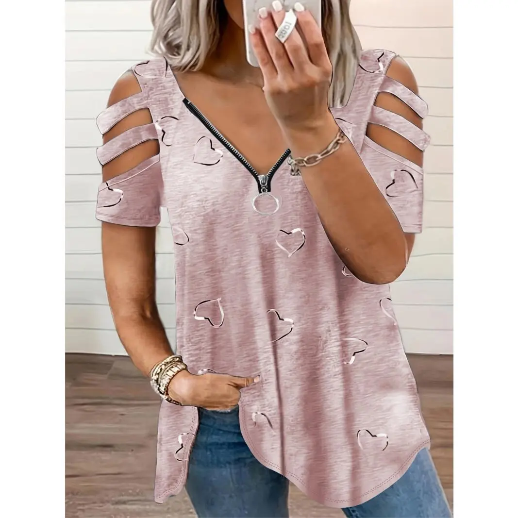 Plus Size Heart Print Zipper Short Sleeve Top, Women's Plus Slight Stretch V Neck Casual T-shirt