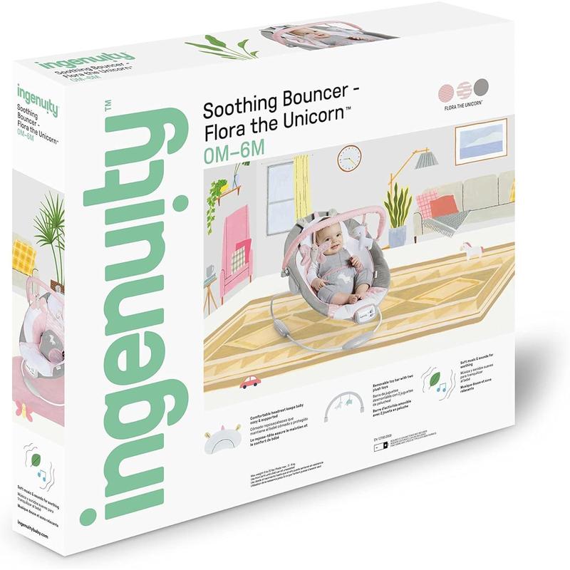 Ingenuity, Cradling Baby Bouncer Seat Flora the Unicorn, Ultra-Plush Padded Chair with Vibration and Melodies, Removable Toy Bar, Ages Newborn 7