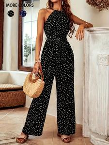Women's Polka Dot Print Belted Jumpsuit, Casual Elegant Sleeveless Jumpsuit for Summer, Women's Jumpsuit for Beach Holiday