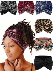 Stylish crossover bohemian hair bands with diverse patterns like leopard and paisley prints. Elastic, comfortable, non-pinching, anti-slip wide-band—must-haves for outfits, Headband Set.