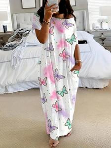 Women's Butterfly / Star Print Pocket Round Neck Nightdress, Casual Soft Comfortable Short Sleeve Nightgown for All Seasons, Lady's Sleepwear for Indoor Wear, Casual Comfy Nightdress