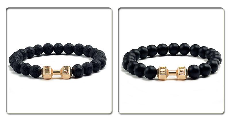 Product Introduction of Natural Volcanic Stone Bracelet Men Matte Black Lave White Beads Charm Dumbbell Strand Bracelets Women Barbell Fitness Jewelry 18