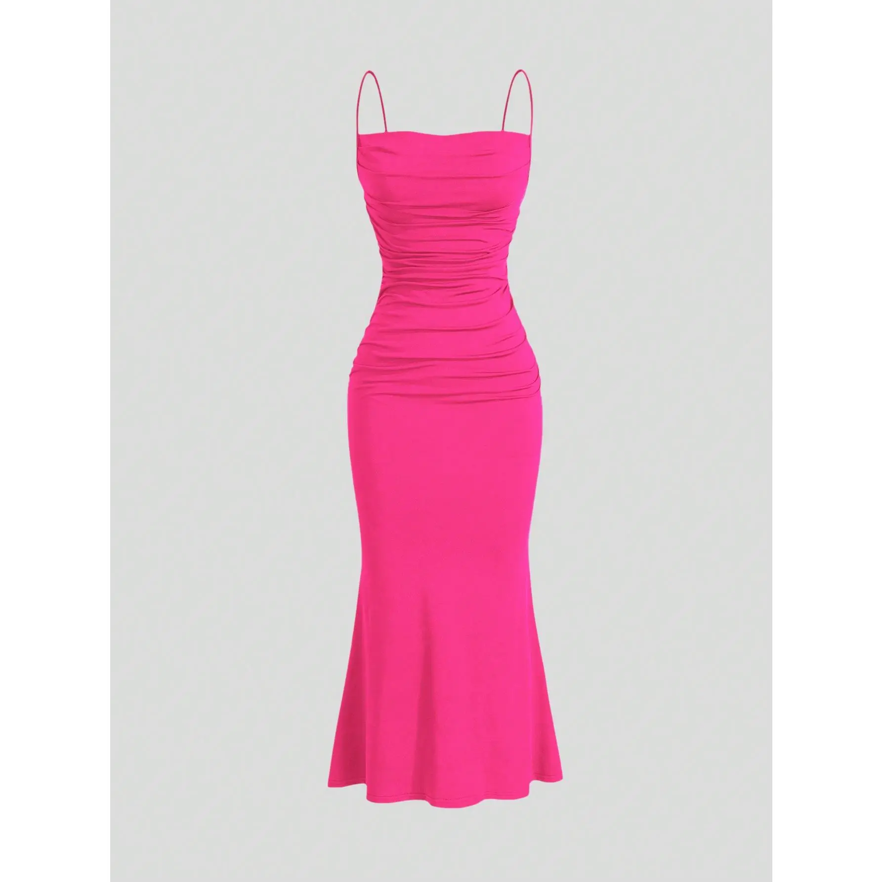 Sweetra Solid Ruched Mermaid Hem Cami Dress Maxi Women Outfit Formal Womenswear