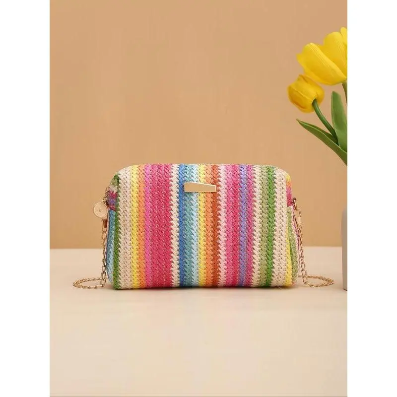 Summer 2024 Colorful Straw Woven Crossbody Bag, Casual Trendy Shoulder Bag, Boho Style Chain Bags for Women, Fashion All-match Square Bag for Beach Vacation 2