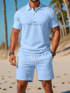 Men's Letter & Geometric Print Polo Shirt & Shorts Set, Regular Fit Casual Short Sleeve Top & Track Shorts, Men Summer Set for Outdoor