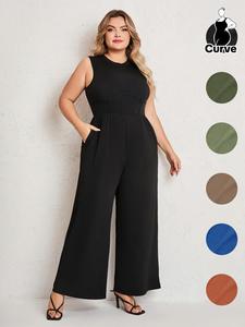 Plus Size Solid Pocket Wide Leg Tank Jumpsuit, Casual Sleeveless Round Neck Jumpsuit, Summer Outfits 2024, Women's Plus Clothing for Daily Wear