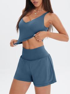 Women's Solid Crop Top & 2 in 1 Pocket High Waist Shorts Tracksuit Set, Sporty Breathable Outfits for Yoga Gym Workout Running, Ladies Sportswear for All Seasons Indoor Outdoor Wear, Activewear, Workout Sets Women