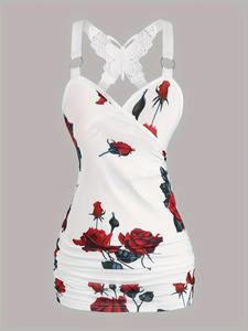 Women's Floral Print Ruched Wrap Contrast Butterfly Lace O-ring Tank Top, Fashion Elegant Sleeveless Top for Summer, Ladies Clothes for Daily Wear