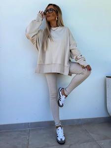 Women's Solid Drop Shoulder Split Hem Sweatshirt & Skinny Pants, Casual Fashion Cozy Round Neck Long Sleeve Pullover & High Waist Trousers for Daily Outdoor Wear
