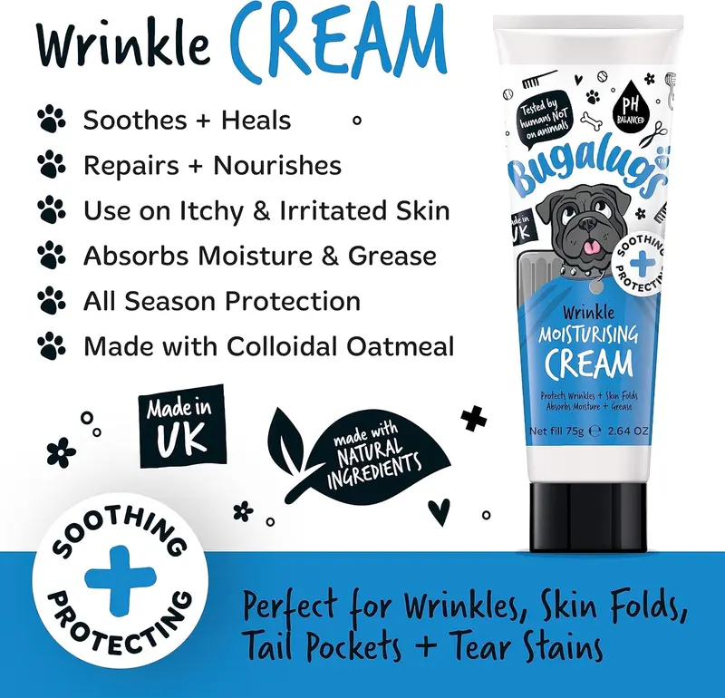 BUGALUGS Wrinkle paste for Bulldogs, French Bulldogs, wrinkly dogs & cats. For itchy wrinkle folds, tear stains & tail pockets, anti-itch & itchy dog skin relief. Great itch remedies for dogs 75g 3