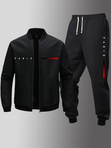 Men's Letter Print Zip Up Jacket & Elastic Waist Sweatpants Set, Regular Fit Casual Fashion Cozy Breathable Two Piece for Daily Outdoor Wear, Men's Clothes for Spring & Fall, Athleisure Wear, Casual Sportswear