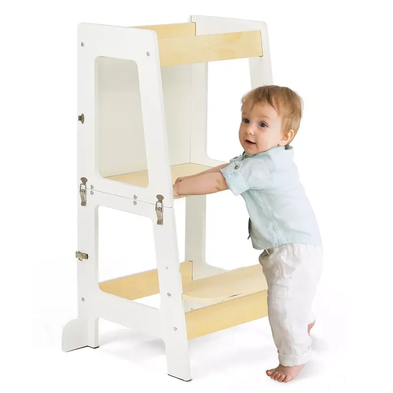 3-in-1 Toddler Learning Tower Kids Step Stool & Mini Desk with Safety Rail Black And white 1