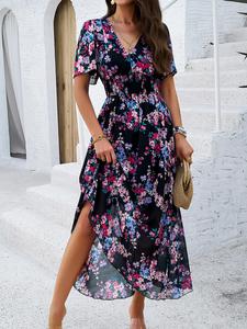 Women's Ditsy Floral Print Shirred V Neck A Line Dress,  Boho Fashion Short Sleeve Long Dress for Beach Holiday Vacation, Ladies Summer Clothes, Elegant Dress Women