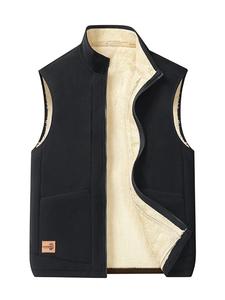 Men's Solid Color Patched Zip Up Thermal Lined Vest Jacket, Regular Fit Casual Comfy Stand Collar Sleeveless Outerwear for Fall & Winter, Men's Clothes for Daily Wear