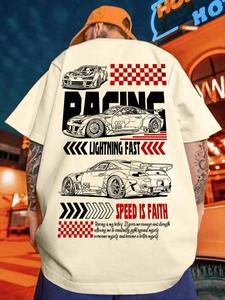 Men's Racing Car Print Round Neck Tee, Loose Casual Fashion Short Sleeve T-shirt for Summer, Men's Top for Daily Wear