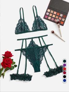 Women's 4pcs Plain Floral Lace Sheer Sexy Lingerie Set, Naughty Lingerie, Elegant Adjustable Spaghetti Strap Bra & Scallop Trim Garter Belt Thong & 1 Pair Thigh Rings Lingerie Underwear Set, Lingerie Set for Women, Underwear for Women
