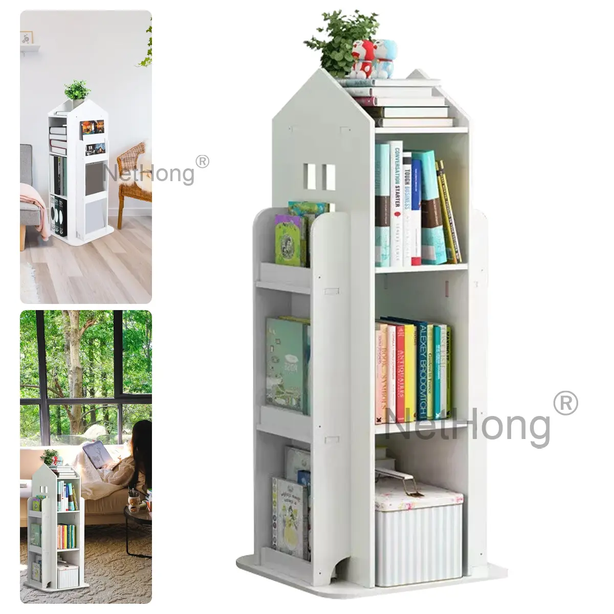 3 Tier Kids Bookshelf Castle Display Bookcase Toys Book Storage 360° Rotary uk+