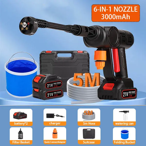 6-in-1 Cordless Car Washer with 2 Battery, Portable Electric High Pressure Washer Gun with Adjustable Nozzle & Folding Bucket for Car/Floor/Garden Cleaning