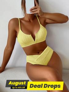 Two-piece Set Women's Plain Textured Bikini Set, Casual V Wired Sleeveless Spaghetti Strap Padded Bikini Top & Overlap Waist Swim Bottom, Ladies Summer Swimwear, Beach Bikini Set, Bikinis Sets, Spaghetti Strap Swimsuits Bikinis