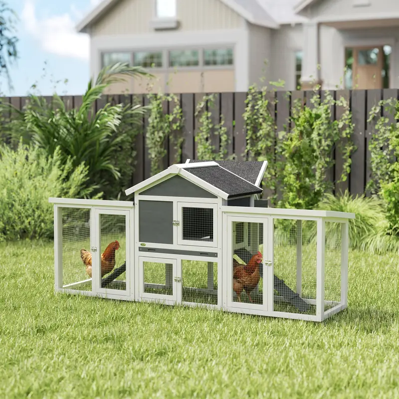 Large Chicken Coop, Wooden Garden Hen House, Poultry Coops Cages with Run, Nesting Box, Grey 1