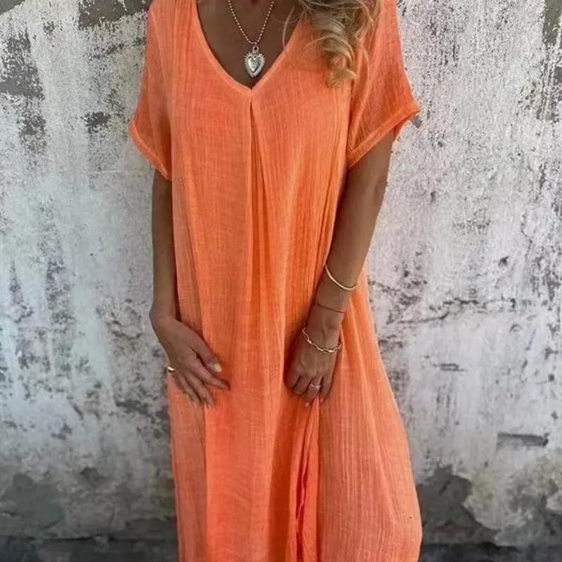 2025 new fashion cotton hemp V-neck semi-formal dress loose comfortable casual women's long dres