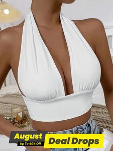 Women's Solid Color Backless Tie Back Halter Crop Top, Summer Outfits 2024, Casual Sleeveless Ruched Cropped Top for Summer, Ladies Clothes