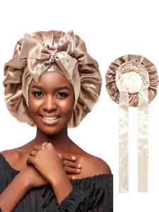 Pleated Design Lace Up Front Satin Hair Bonnet As Summer Outfits 2024, Solid Minimalist Matching Wide Band Hair Bonnet for Spring Summer, Trendy Sleeping Bonnet