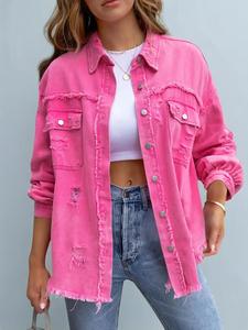 Women's Plain Ripped Raw Hem Button Front Drop Shoulder Coat, Casual Pocket Long Sleeve Collared Outerwear for Daily Wear, Jackets