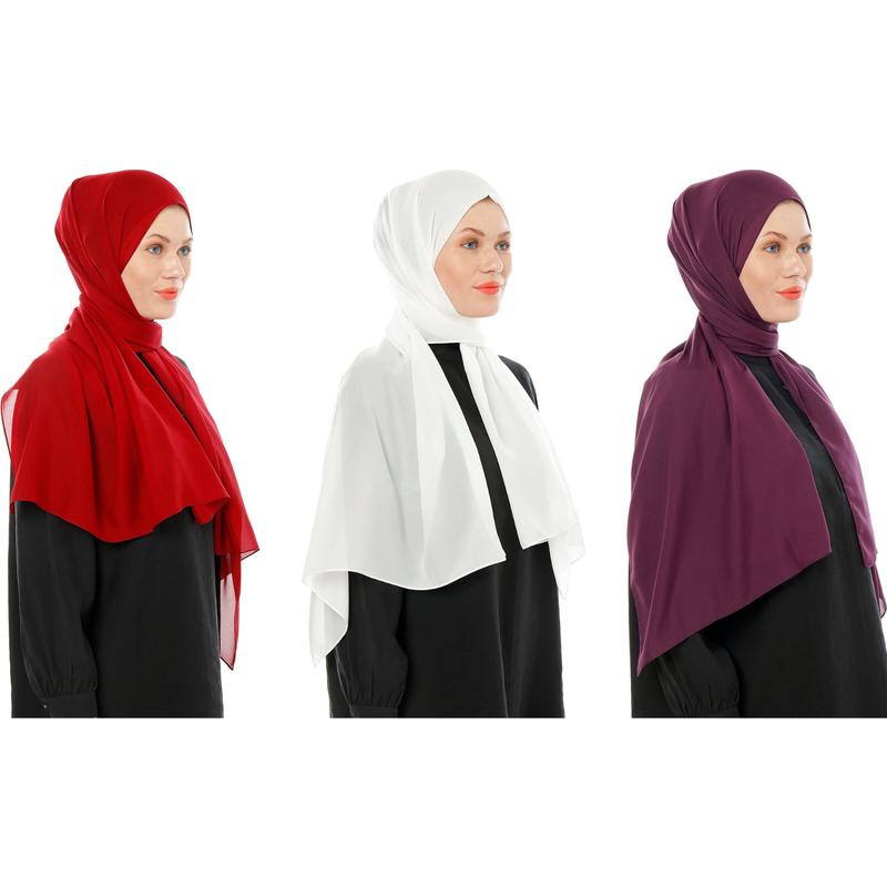 Chiffon Hijab Scarf for Women – Lightweight Muslim Headscarf – Headwrap – 180cm x 70cm (Bordeaux, Cream, Dark Purple) 1