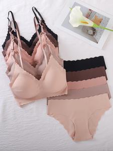 Women's Solid Color Removable Padded Bra & Knicker Set, Casual Comfy Breathable Scallop Trim Lingerie Set for Daily Wear, Underwear Set for Women