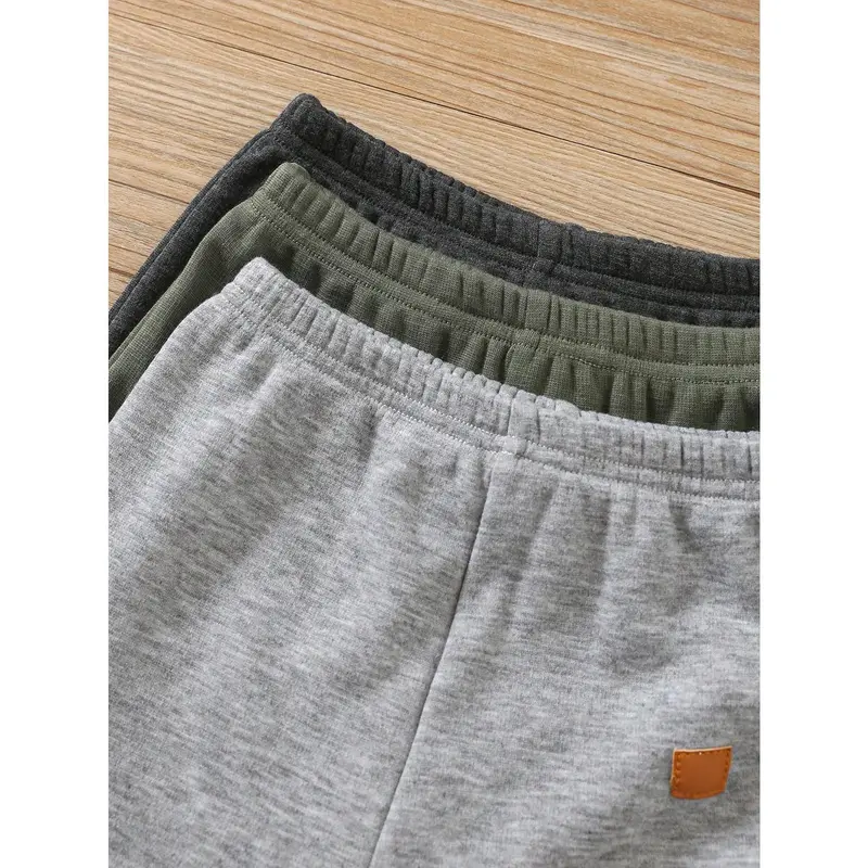 3pcs Baby Boy Casual Solid Color Thermal Lined Elastic Waist Pants, Suitable For Autumn/Winter 4