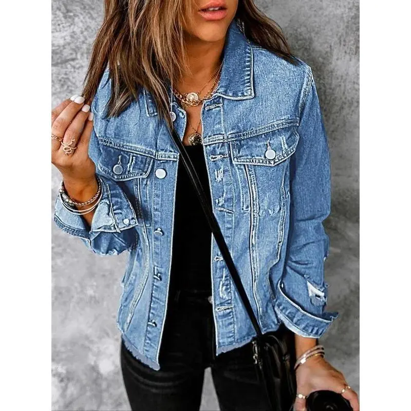 Women's Plain Ripped Button Front Denim Jacket, Casual Long Sleeve Collared Raw Hem Jacket for Daily Wear, Ladies Clothes for All Seasons