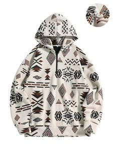 Men's Ethnic Pattern Zip Up Hoodie, Casual Loose Drop Shoulder Long Sleeve Hooded Sweatshirt for Fall & Winter, Men's Clothes for Daily Wear