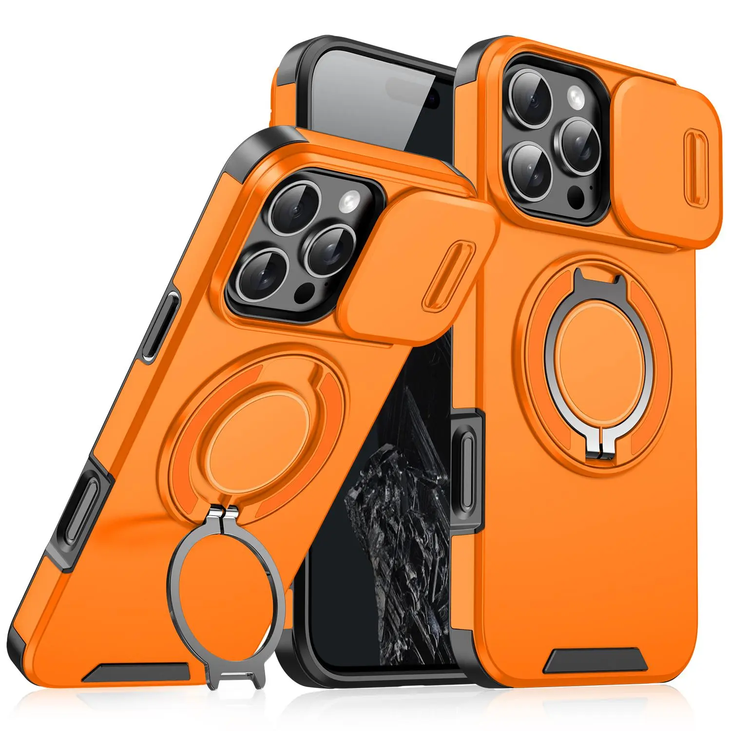 For iPhone 16 15 14  Pro Max with Slide Camera Case, 360 Rotated Ring Kickstand Holder Military Grade Shockproof Protective Cover