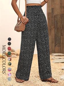 Women's Ditsy Floral Print Shirred Wide Leg Pants, Loose Legged Pants, Boho Frill Trim High Waist Trousers for Spring & Fall, Women's Bottoms for Daily Wear, Baggy Leggings