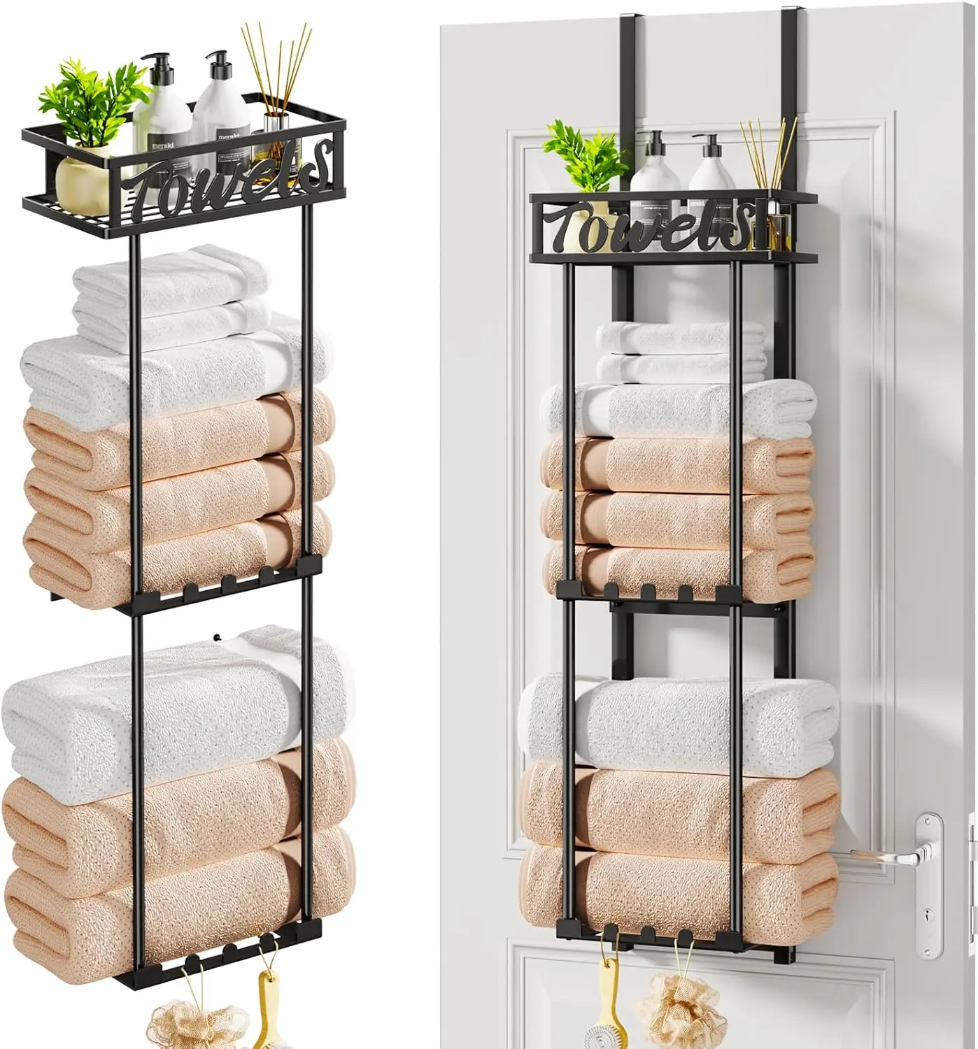 HapiRm Over Door Towel Rack - 3 Tier Towel Rack Wall Mounted with Metal Shelf Basket and 6 Hooks, Space-Saving Bathroom Towel Holder, Bathroom Towel Storage for Small Bathroom Storage & Organisation Installation
