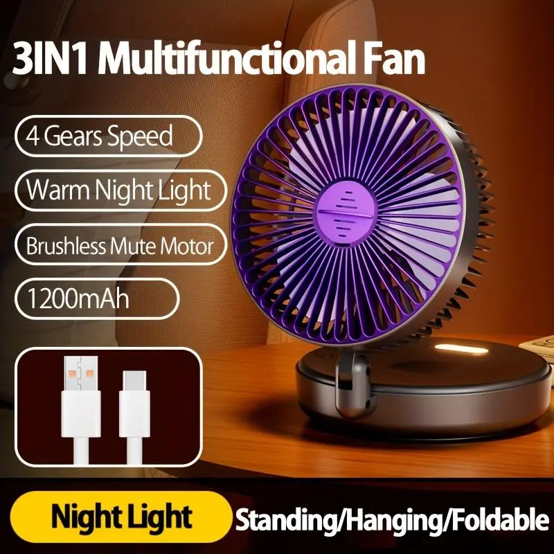 1pc 3-in-1 Rechargeable Circulation Fan - Versatile & Compact, Foldable Desktop/Wall Mount Fan with 4 Adjustable Speeds, Quiet Brushless Motor, Warm Night Light Feature, Includes Traceless Hook - Ideal for Office, Home, Outdoor Use, Portable Fan 6