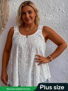 【Plus Size】 Solid Hollow Out Tank Top, Casual Sleeveless Knitwear for Summer, Women's Plus Clothing for Daily Wear, Womenswear,casual Soft Sleeveless Top, Eyelet Embroidered Tank Top, Boho Sleeveless Top