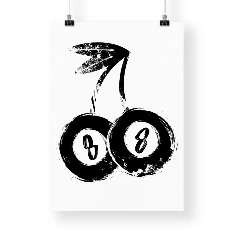 8 ball cherry - pool print: unique billiards decor, vintage style pool poster, black & white home decor, game room wall art, modern art 8