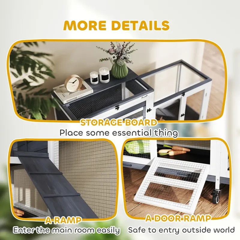 Wooden Rabbit Hutch with Run 2 Tier Guinea Pig Cage on Wheels 3 Trays 2 Openable Tops by PawHut 7
