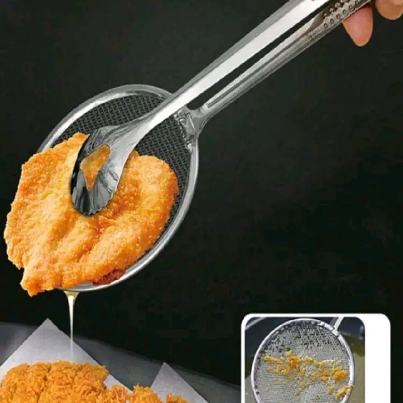 Stainless Steel Oil Strainer Spoon with Long Handle for Frying Food - Kitchen Utensil Tongs 1