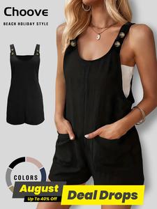 Women's Plain Button Pocket Tank Romper without Tube Top, Basic Fitted Casual Scoop Neck Sleeveless Romper for Summer, Fashion Women's Clothes for Daily Wear, Overalls, Womenswear, Clothes for Women, Casual Fitted Jumpsuit
